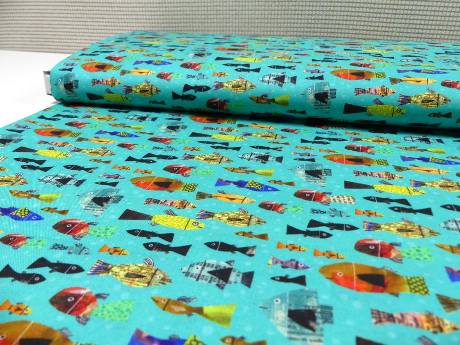 Preview: Fische bunt aqua türkis Detailansicht Patchworkstoff Benartex Frogtastic